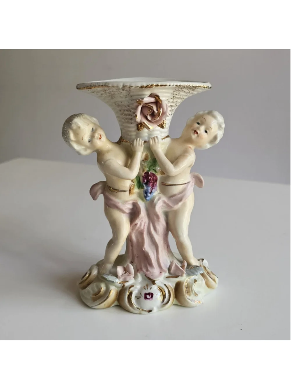 Porcelain Double Cherub Figural Vase Basketweave Grapes & Rose Gilt 6.25